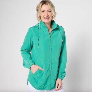 Susan Graver Hooded Windbreaker with Printed Lining , Emerald Sz a633388